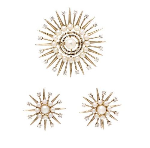 * A 14 Karat White Gold, Cultured Pearl, and Diamond Starburst Motif Demi Parure, Fisher & Co., 10.70 dwts.