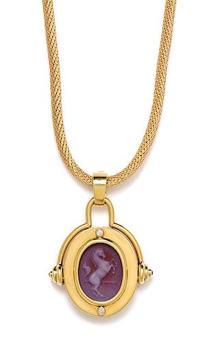 A Yellow Gold, Glass Cameo, Diamond and Garnet Pendant and Longchain Necklace, 27.60 dwts.
