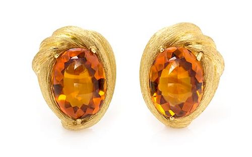 A Pair of 18 Karat Gold and Citrine Earclips, Henry Dunay, 23.80 dwts.