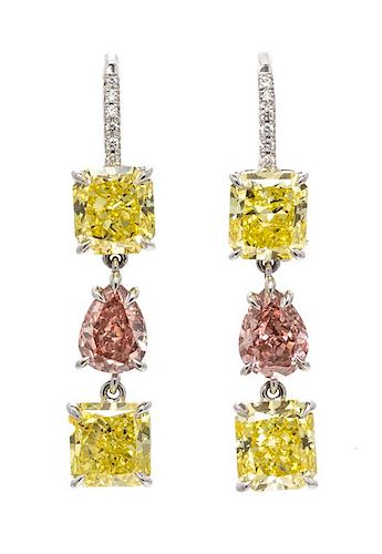 A Pair of Fine Platinum, Fancy Colored Diamond and Diamond Drop Earrings, 3.25 dwts.