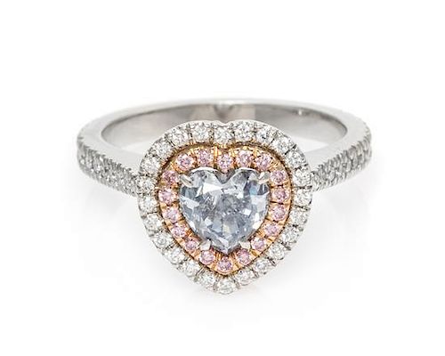 A Platinum, 18 Karat Rose Gold, Fancy Gray-Blue Diamond, Colored Diamond and Diamond Ring, 4.45 dwts.