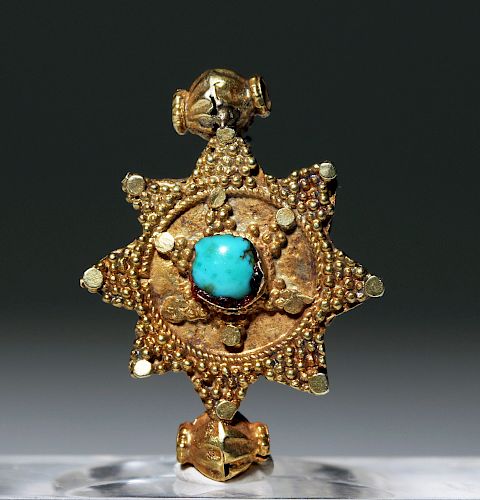 Ancient Sassanian 18K+ Gold Pendant w/ Turquoise