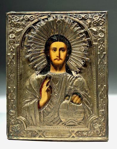 19th C. Russian Icon w/ Brass Riza - Salvator Mundi