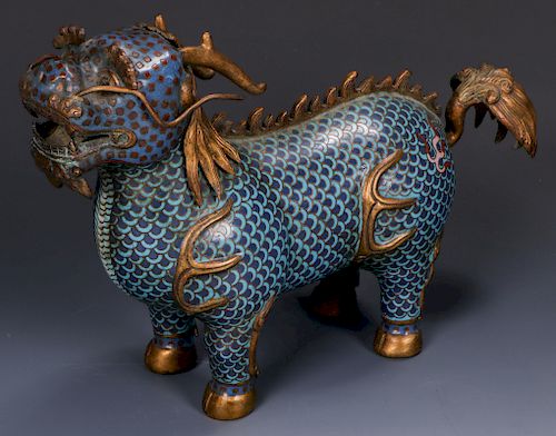 Fine Chinese Cloissone Gilt Bronze Foo Lion
