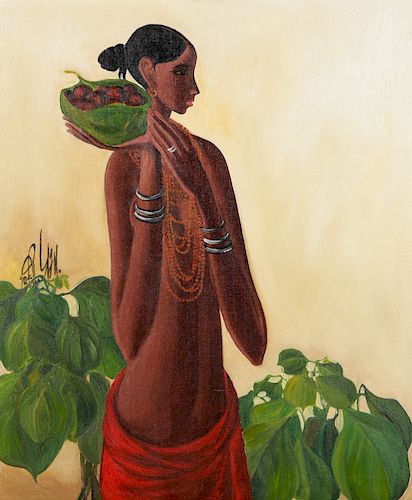 B. Prabha (1933-2001) Painting of a Woman with Fruits