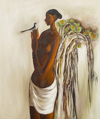 B. Prabha (1933-2001) Painting of a Woman with Bird