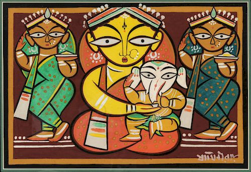 Jamini Roy (1887-1972) Painting of Parvati and Ganesh