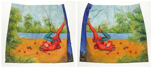 Pair of Large Old Carnival Acrobat Curtains, Painted Canvas