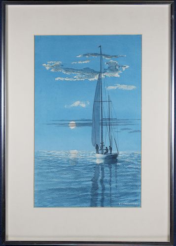 Carmichael, Figures Sailing at Sunset. W/C