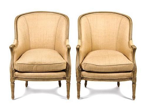 A Pair of Louis XVI Style Bergeres Height 38 inches.