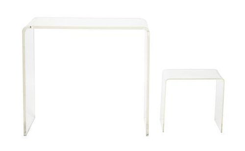 Two Lucite Nesting Tables Height of larger 32 1/2 x width 35 1/2 x depth 17 inches.