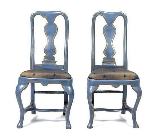 A Pair of Swedish Blue Painted Side Chairs Height 42 inches.