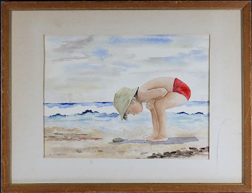 L Fradkin, Watercolor of Young Boy at the Beach