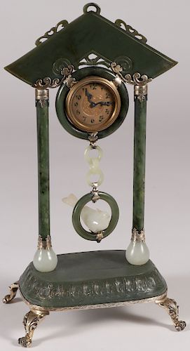 IMPORTANT CHINESE JADE & SILVER MOUNTED CLOCK