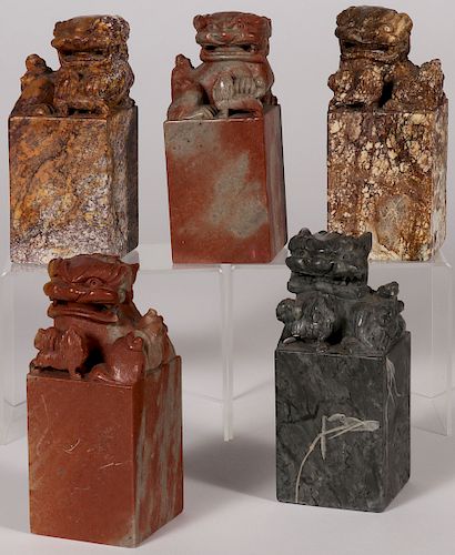 FIVE CHINESE CARVED HARDSTONE FIGURAL SEALS