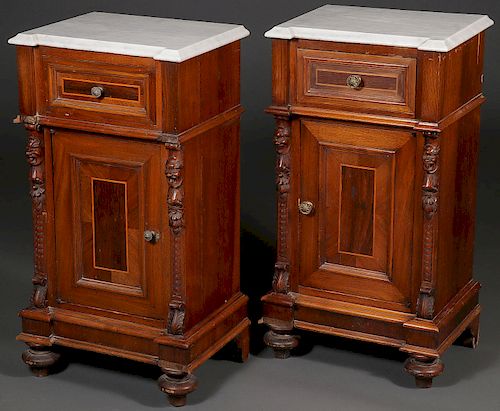 A PAIR OF AMERICAN WALNUT MARBLE TOP COMMODES