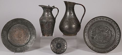 FIVE MIDDLE EASTERN COPPER AND PEWTERWARE ITEMS