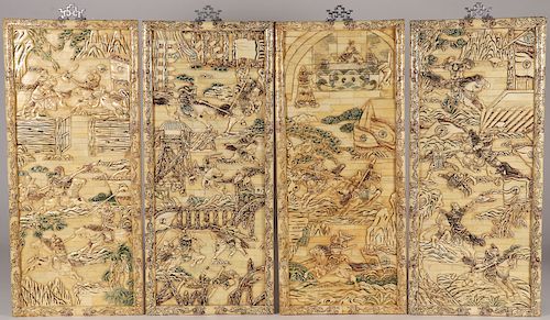 FOUR CHINESE CARVED BONE PANELS