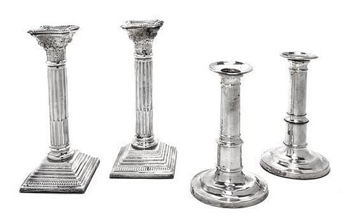 Two Pairs of of Silver Candlesticks, , one of Corinthian form, one of knopped form.