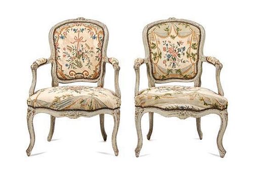 A Pair of Louis XV Painted Fauteuils Height 34 inches.