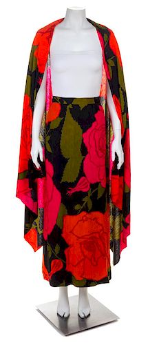* An Arnold Scaasi Multicolor Wool Floral Evening Skirt and Wrap, No size.
