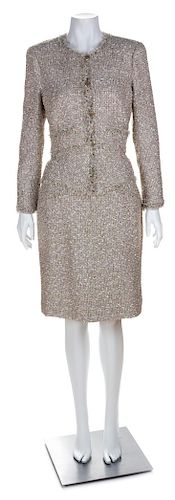 A Chanel Pink and Metallic Thread Boucle Skirt Suit, Size 42.