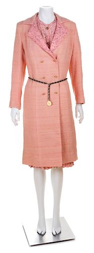 * A Chanel Pink Silk Dress and Tweed Coat Ensemble, No size; Adjustable Belt: 35"