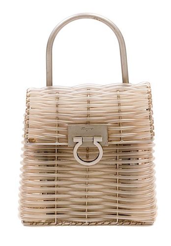 * A Salvatore Ferragamo Gancini Plastic Weave Handbag, 8" x 8" x 4.5"; Handle drop: 4".