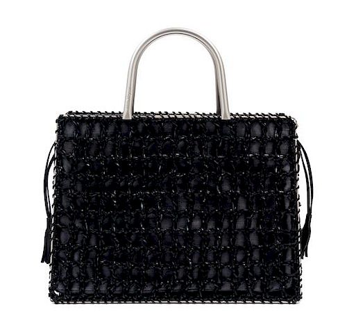 * A Salvatore Ferragamo Black Leather Basket Weave Tote, 11" x 8" x 4.5"; Handle drop: 4".