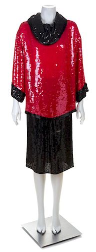 * A Halston Red and Black Silk and Sequin Skirt Ensemble, Top 8; Skirt 8.