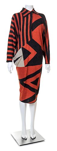 A Junko Koshino Burnt Orange and Black Angora and Wool Dress, Size 44.