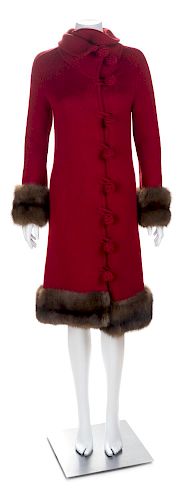 An Oscar de la Renta Red Knit Coat with Sable Trim, Size small.