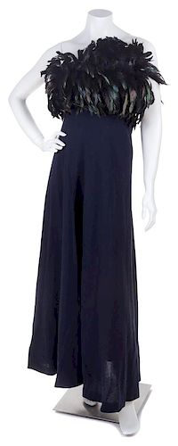 * A Pauline Trigere Strapless Navy Feather Gown, No size.