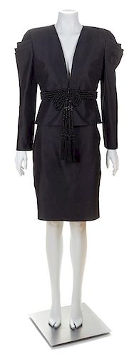 A Valentino Black Raw Silk Evening Skirt Suit, Skirt size 12; Jacket size 12.