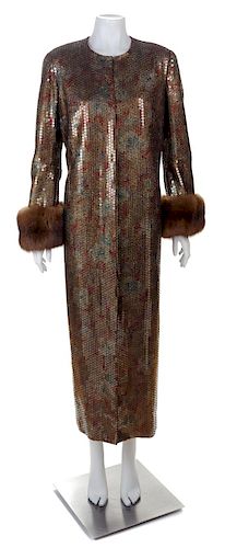 * A Sequin Evening Coat with Fur Trim, No size.