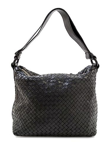 A Bottega Veneta Black Intrecciato Shoulder Bag, 14" x 10" x 7"; Strap Drop: 7".
