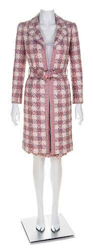 A Chanel Pink Cotton Tweed Coat and Skirt Ensemble, Size 34; Belt: 52.5" x 2.5".