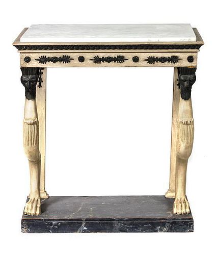 A Swedish Painted and Parcel Ebonized Console Table Height 32 1/2 x width 29 x depth 18 inches.