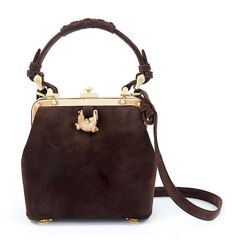 A Kieselstein-Cord Brown Suede Handbag, 7.5" x 6.5" x 3"; Strap drop: 20.5"; Top Handle: 4.5".