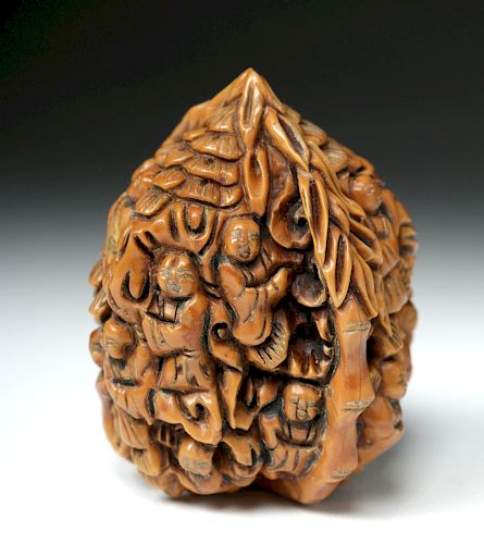 19th C. Chinese Carved Wooden Walnut - Signed