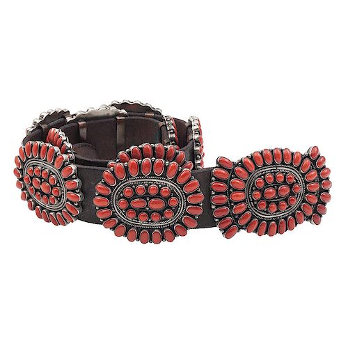 Haske Jim (Dine, 20th century) Navajo Silver and Coral Cluster Concha Belt