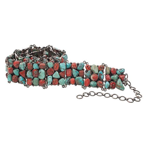 Southwestern Silver Link Belt  Set with Turquoise and Coral