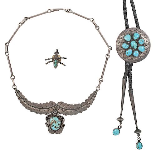 Navajo Silver and Turquoise Necklace AND Bolo Tie PLUS