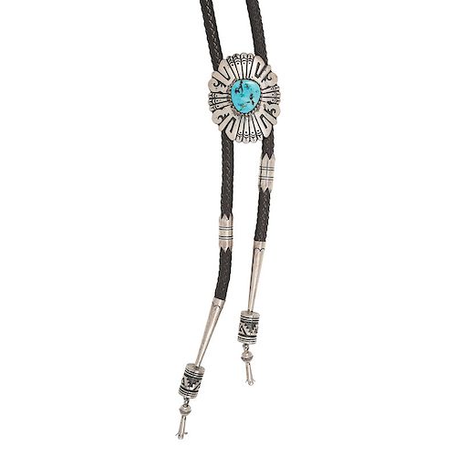 Thomas Singer (Dine, 1940-2014) Navajo Sterling Silver and Turquoise Bolo Tie