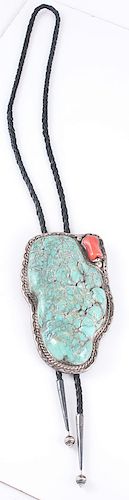 Substantial Navajo Silver, Turquoise, and Coral Bolo