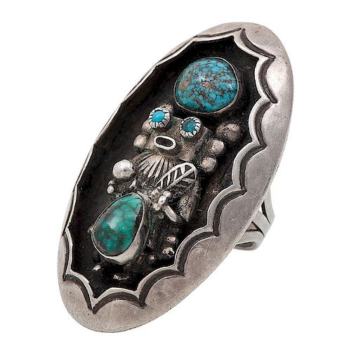 Phillip Long (Dine, 20th century) Navajo Silver and Turquoise Katsina Ring
