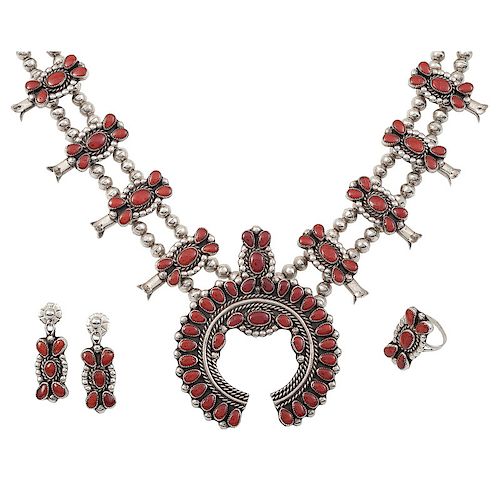 Paul and Nancy Leekity (Zuni, 20th century) Silver and Coral Cluster Squash Blossom, Earrings, and Ring Set