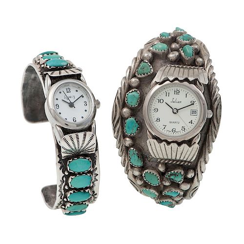 Fred Weekoty (Zuni, 20th century) Silver and Turquoise Cuff Watch Band PLUS