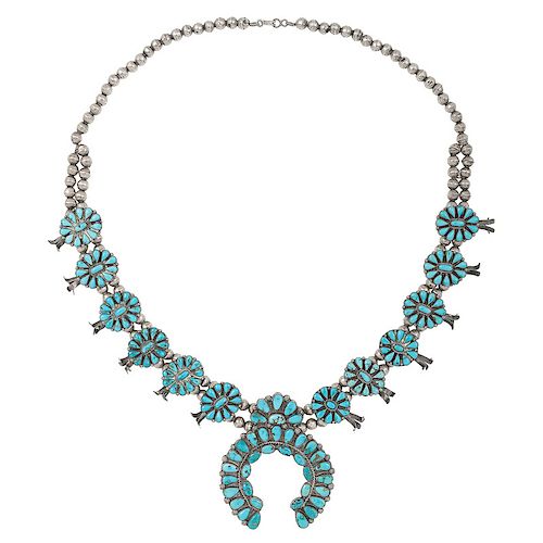 Zuni Silver & Turquoise Squash Blossom Necklace