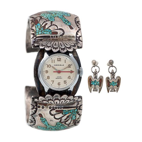 Zuni Silver, Turquoise, and and Coral Cuff Watch Band PLUS Earrings 